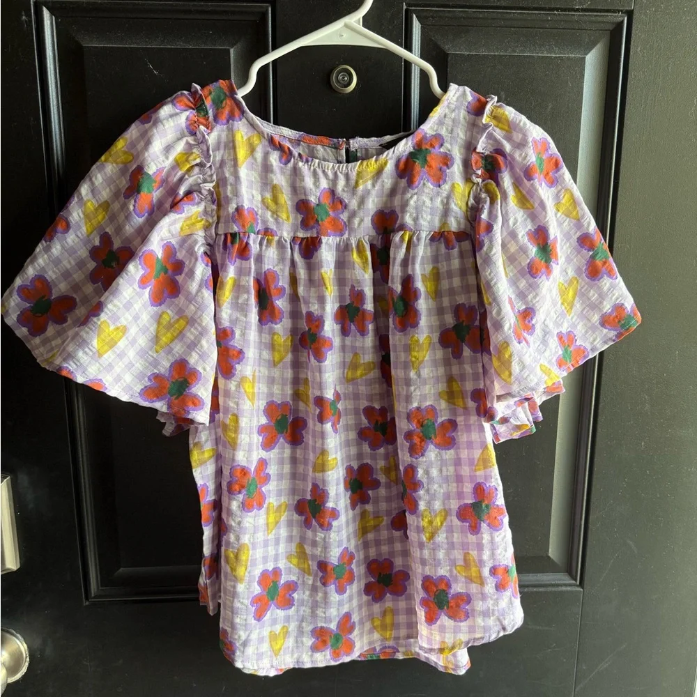 NWT Floral Heart Print Short Sleeve Puff Ruffle Top Size Medium - Picture 4 of 11